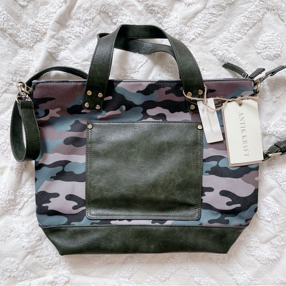 New Anthropologie Green Camo Crossbody Tote Bag